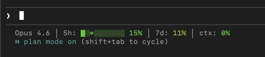 Screenshot of the Claude Code CLI tool, showing my custom status line running.