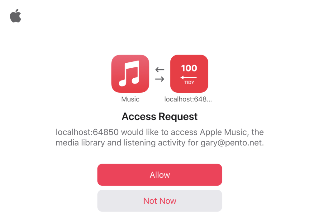 Screenshot of the Apple Music auth screen, connecting my app to my Apple Music account.