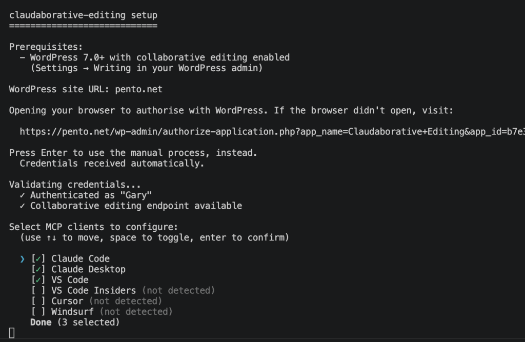 After authorisation, this screenshot shows the continu
