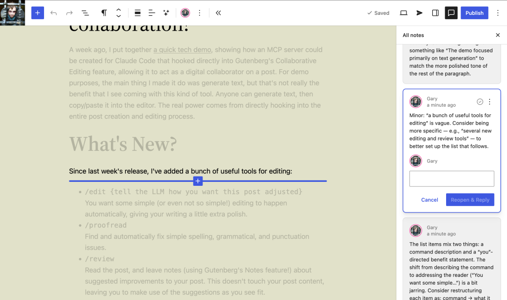 A screenshot of the /review tool running on this post, prior to publication.