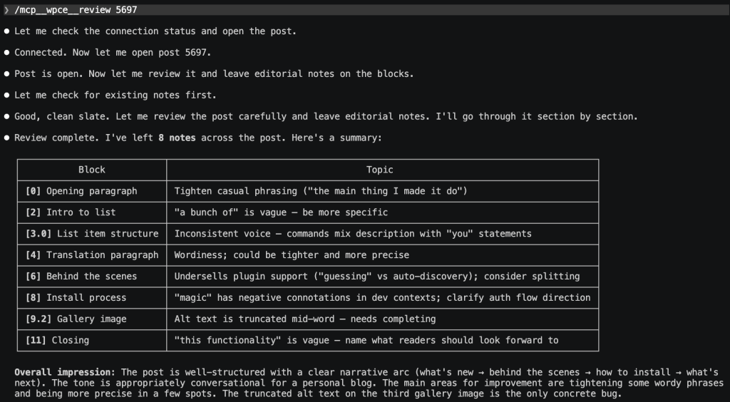 A screenshot of what Claude was doing behind the scenes when it was generating the review notes.