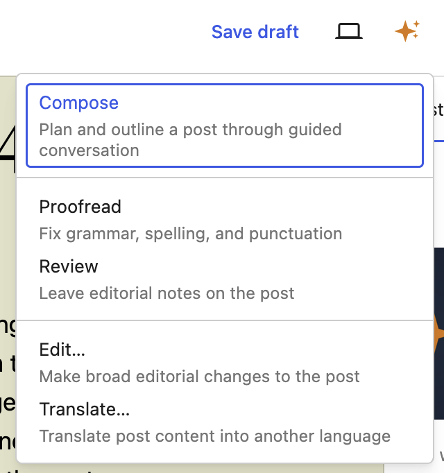 A screenshot of the Collaborative Editing Menu. It shows 5 options: Compose, Proofread, Review, Edit, and Translate.