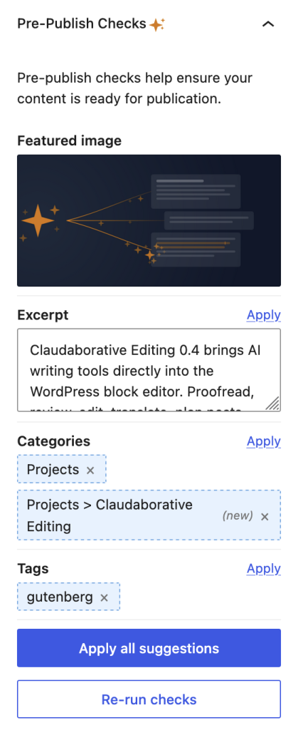 A screenshot of the pre-publish panel, showing the featured image, a suggested excerpt, and suggestions for new and existing tags and categories to use.